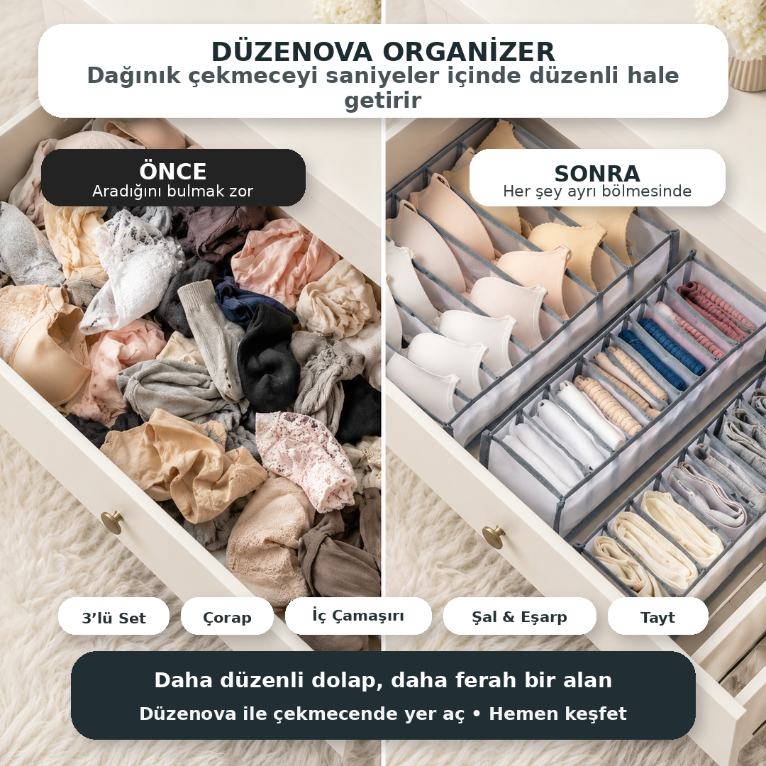 Nuvella 3’lü Düzen Kutusu | Daha Düzenli Dolaplar İçin Pratik Organizer
