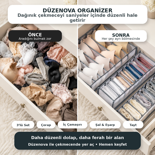 Nuvella 3’lü Düzen Kutusu | Daha Düzenli Dolaplar İçin Pratik Organizer